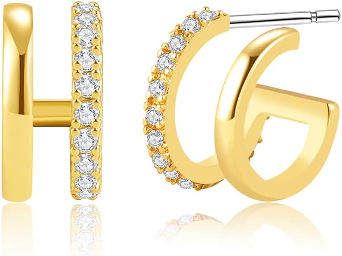 14K Gold Plated Triple Huggie Illusion Stud Earrings | Double Huggie Hoop Earrings for One Hole | Gold Hoop Earrings for Women