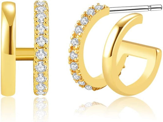 14K Gold Plated Triple Huggie Illusion Stud Earrings | Double Huggie Hoop Earrings for One Hole | Gold Hoop Earrings for Women