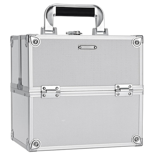 Makeup Organizer Box Portable Cosmetic Travel Case with Lock 4 Trays Aluminum Hard Vanity Box