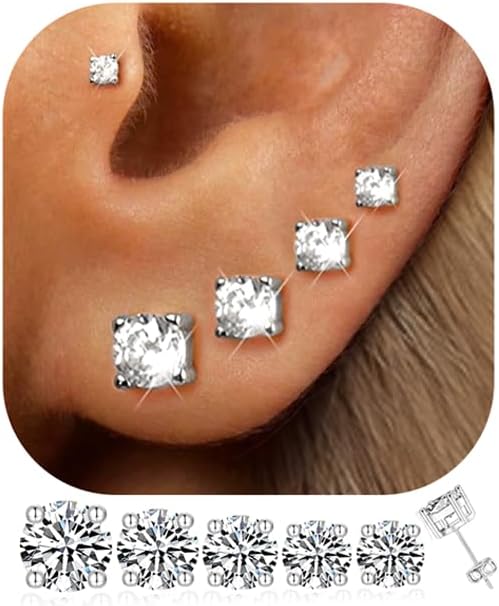 5 Pairs 14K Gold Plated Stud Earrings for Women, Hypoallergenic Earring Sets for Multiple Piercing, Premium Cubic Zirconia Studs