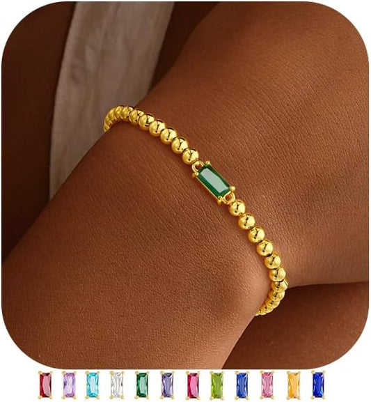 Dainty Birthstone Bracelet for Women - Elastic 14K Gold Plated Bead Bracelets Trendy Friendship Birthday Jewelry Gifts for Women