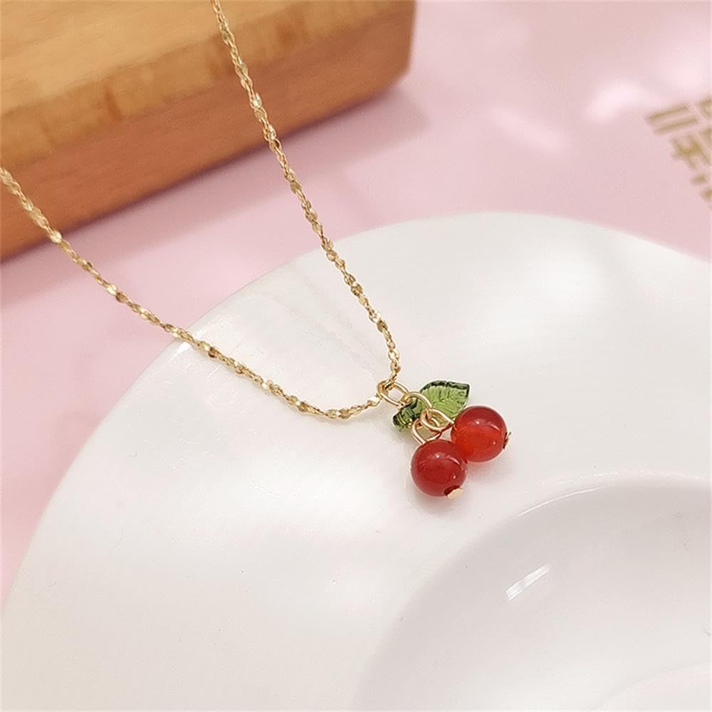 Cute Cherry Pendant Necklaces Faux Pearl Cherry Charms Necklace Kawaii Cherry Fruit Gold Chain Necklaces Fruits Cute Choker for Women Girls
