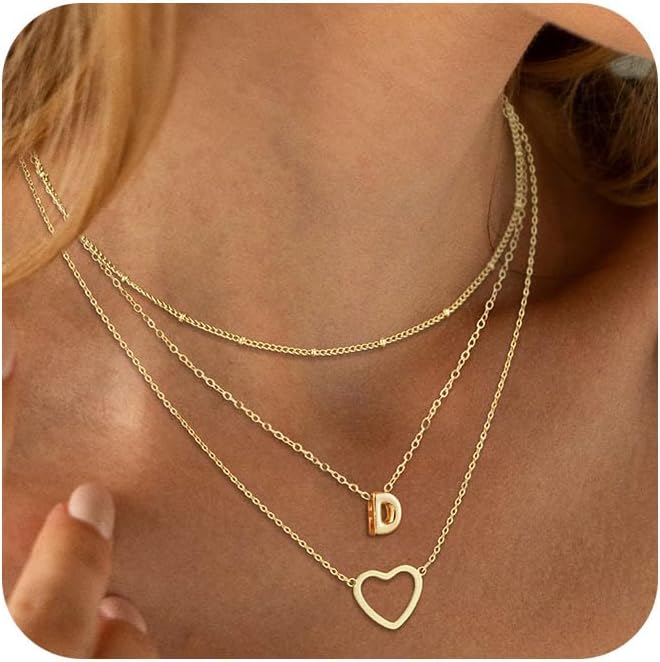 14K Gold Plated Initial Necklace, Layered Heart & A-Z Letter Personalized Gift for Women