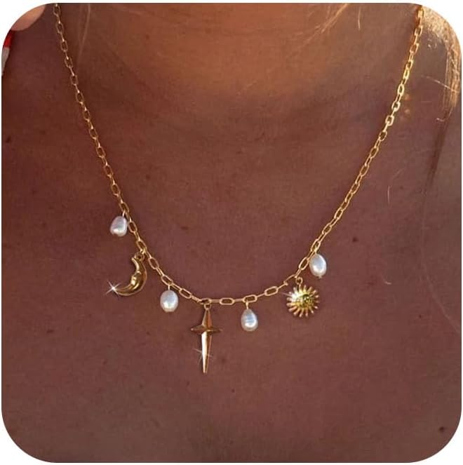 Dainty Gold Paperclip Charm Necklace With Shell, Moon, Star, Cross & Hexagram Pendant - Non-Tarnish Summer Beach Jewelry For Women