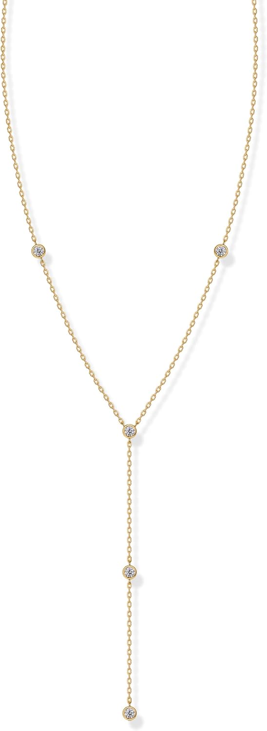 14K Gold Long Lariat Necklace - Cubic Zirconia Drop Pendant Y-Necklace