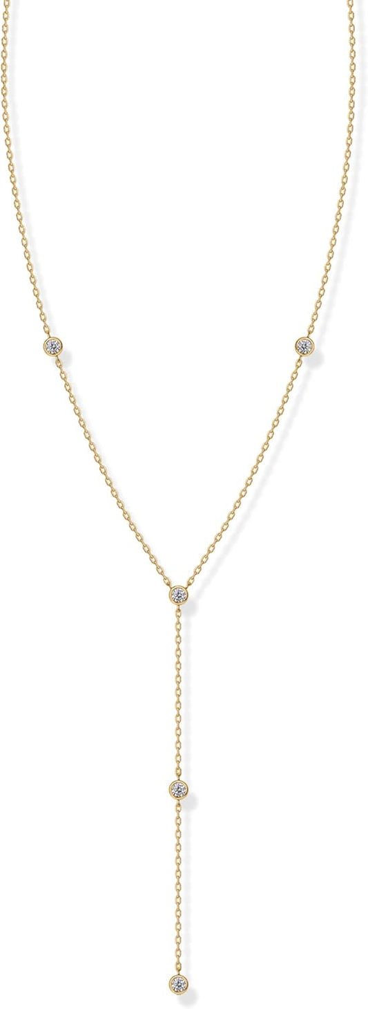 14K Gold Long Lariat Necklace - Cubic Zirconia Drop Pendant Y-Necklace