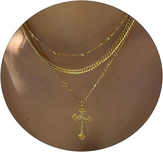 Dainty 14K Gold Plated Cross Necklace - Heart Pendant with Diamond Accent, Faith Jewelry Gift