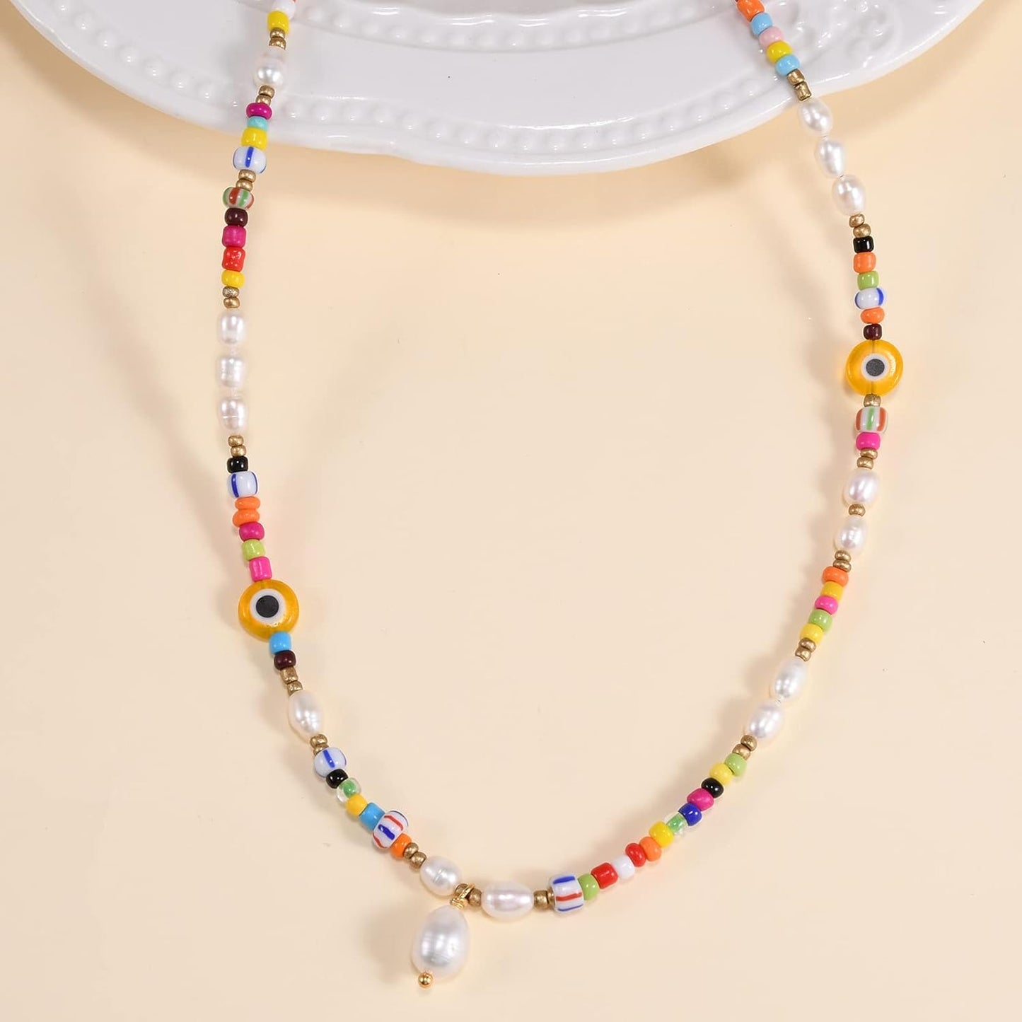 Colorful Beaded Necklace - Freshwater Pearl & Evil Eye Pendant, Stainless Steel 18K Gold Plated Y2K Trendy Jewelry for Women & Teen Girls