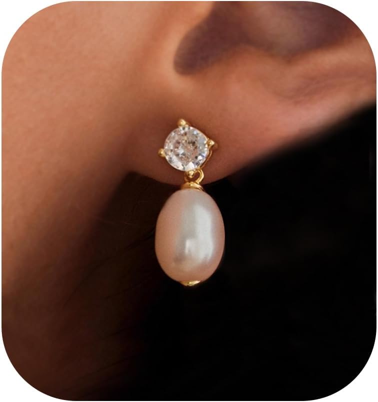 Pearl Earrings: 14k Gold-plated Cubic Zirconia Accented Pearl Drop Dangle Wedding Engagement Earrings For Women Bridal Bridesmaid