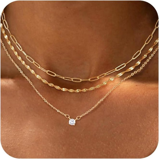 14K Gold/Silver Layered Necklace Set, Cross Pendant with Paperclip Rope Bead Box Dot Chains, Trendy German Minimalist Jewelry Gift