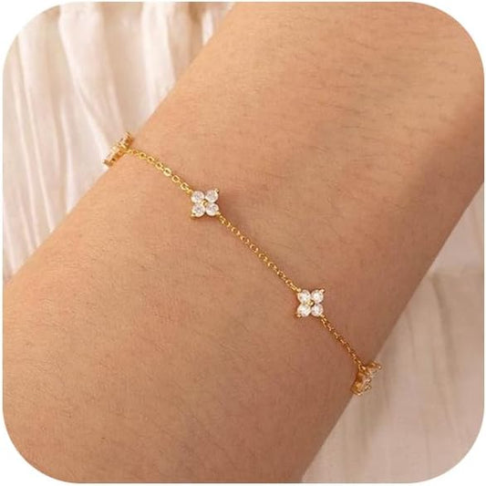 Bracelets for Women 14K Gold Silver Plated Ring Bracelet Hand Chain Dainty Evil Eye Heart Clover Daisy Cubic Zirconia