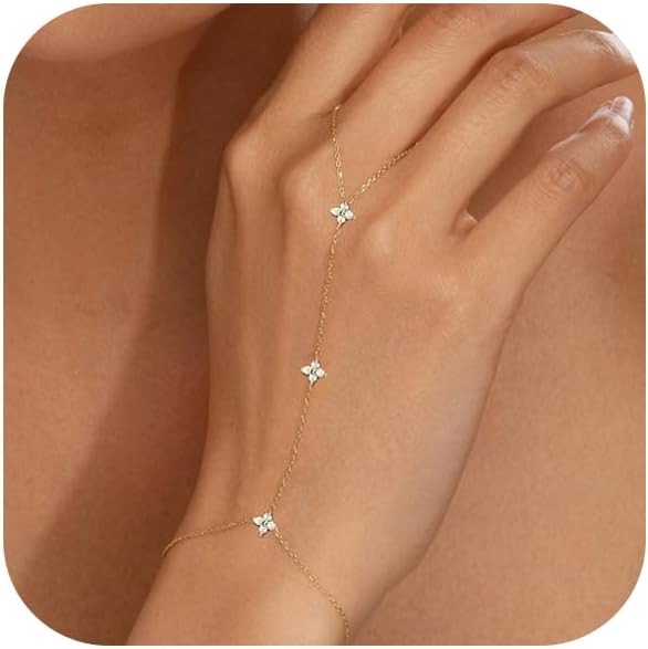 Bracelets for Women 14K Gold Silver Plated Ring Bracelet Hand Chain Dainty Evil Eye Heart Clover Daisy Cubic Zirconia