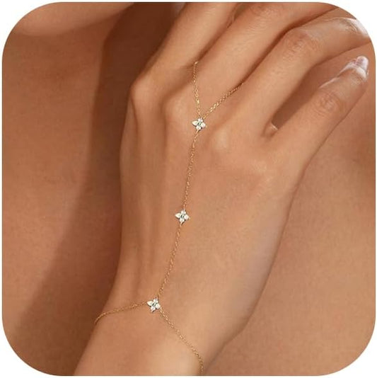 Bracelets for Women 14K Gold Silver Plated Ring Bracelet Hand Chain Dainty Evil Eye Heart Clover Daisy Cubic Zirconia