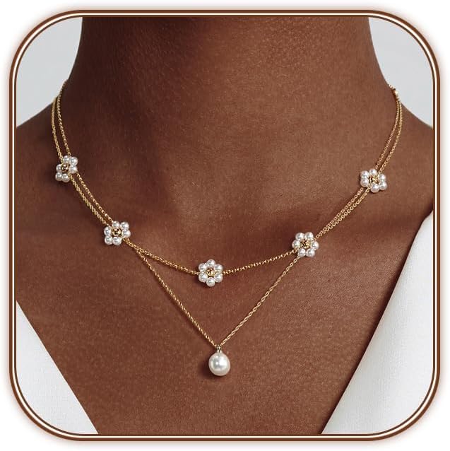 14K Gold-Plated Pearl Necklace Set: Dainty Layered Daisy Choker, Trendy Jewelry Gift for Women