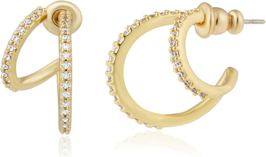 14K Gold Plated Triple Huggie Illusion Stud Earrings | Double Huggie Hoop Earrings for One Hole | Gold Hoop Earrings for Women