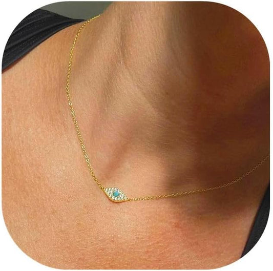 Evil Eye Necklace: 14K Gold Plated Blue CZ Diamond Boho Pendant for Women, Protection Gift