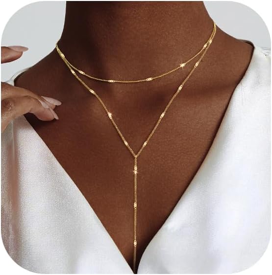 Lariat Necklace For Women: Dainty Y-Shaped Beaded Drop Chain, 14K Gold Plated/Silver, Trendy Gift
