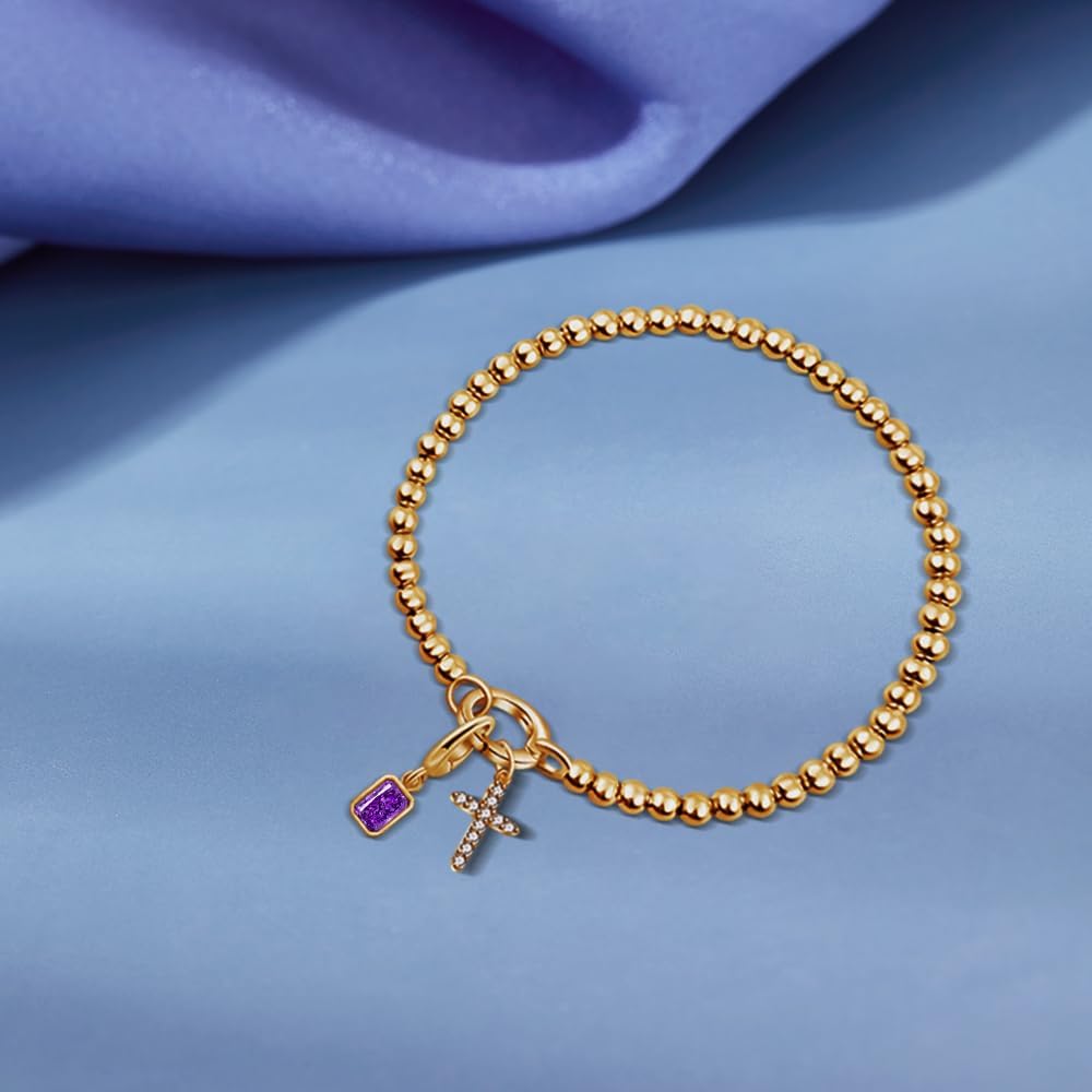 Free bird Cross Birthstone Bracelet | Dainty 14K Gold Plated Cross Charm Bracelet | Stretchable Elastic Gold Beaded Bracelet