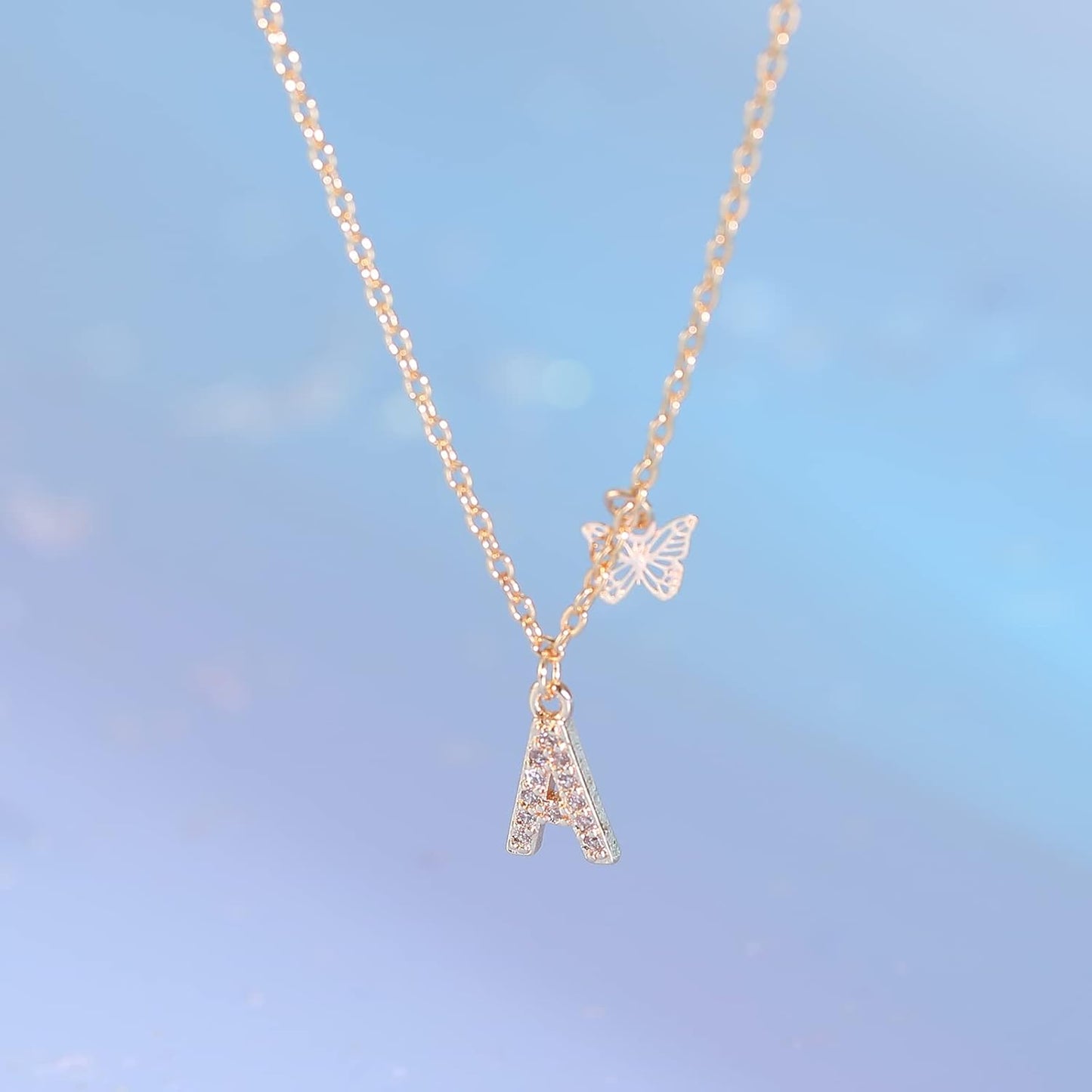 Dainty Initial Necklace Butterfly Pendant Necklace, 14K Gold Plated Cubic Zirconia Letter Dainty Necklaces Jewelry Birthday Gifts for Women