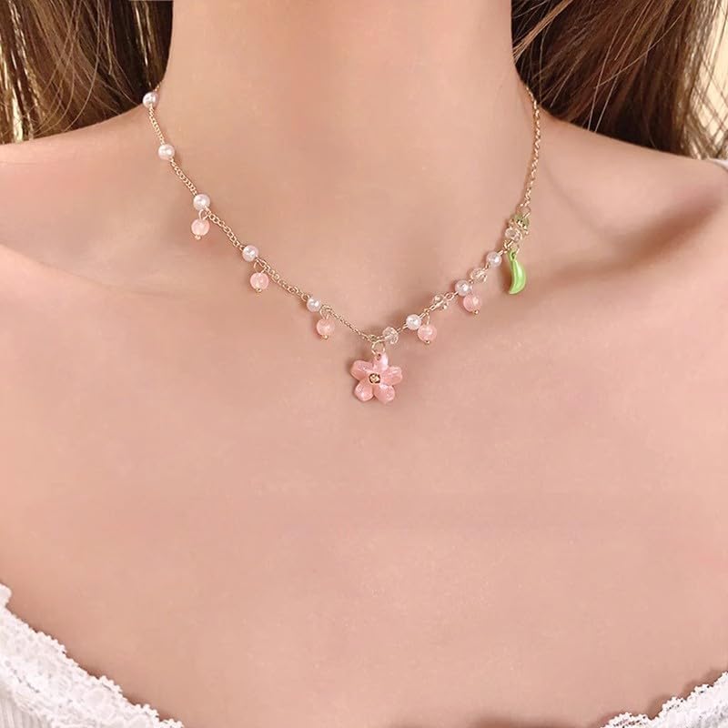 Lily of The Valley Pearl Necklace Cheery Blossm Daisy Green Paint and Lily Flower Pearl Pendant Floral Charm Pink Flower Wedding Jewelry for Women