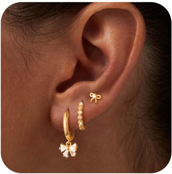 Freekiss 3 Pairs Gold Hoop Earrings Set: Dainty Stud Earrings Trendy Small 14K Gold Plated Hypoallergenic Dangle Cartilage