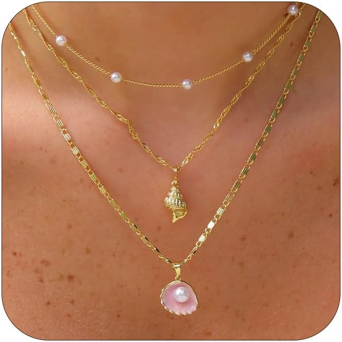 Layered Gold Shell Necklace With Conch & Starfish Pendant - Boho Non-Tarnish Summer Beach Vacation Jewelry Gift For Women