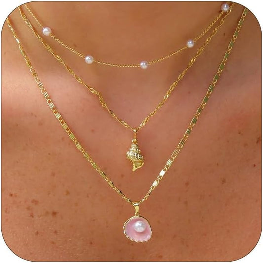 Layered Gold Shell Necklace With Conch & Starfish Pendant - Boho Non-Tarnish Summer Beach Vacation Jewelry Gift For Women