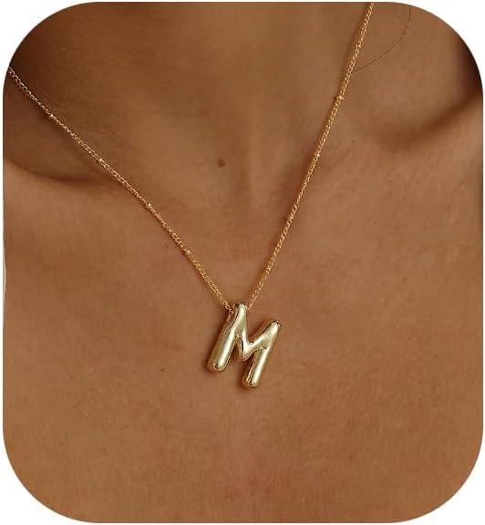 Bubble Gold Letter Necklace, 14k Gold Plated Balloon Initial Pendant, Dainty Chunky Custom Name Necklace for Women