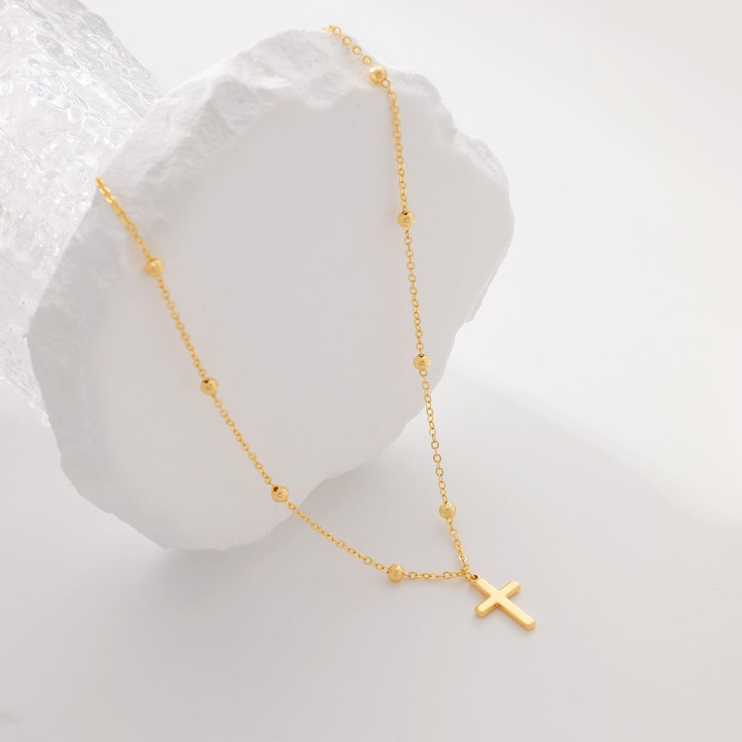Stackable Cross Pendant Necklace: 14K Gold Plated Simple Silver Charm Choker for Her, Women and Teens