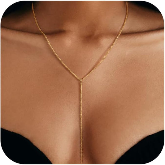 Two-Tone Gold & Silver Y Necklace, Layered Dangle Statement Body Chain For Women, Beach Boho Cleavage Jewelry For Vacation Or Prom