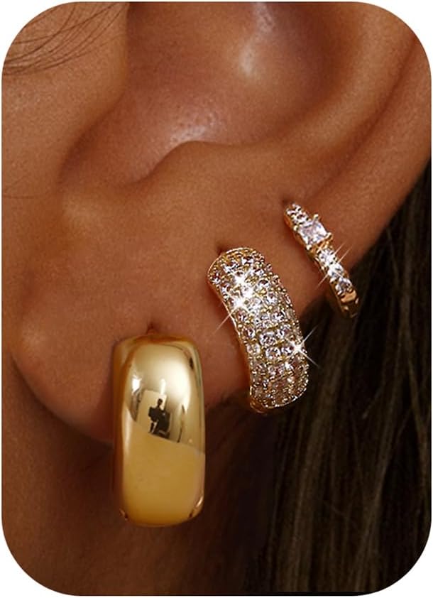 Chunky Gold Hoop Earrings for Women Non Tarnish 14K Gold Filled Huggie Hoop Earring Stacks for Multiple Piercing Lightweight 3Pairs