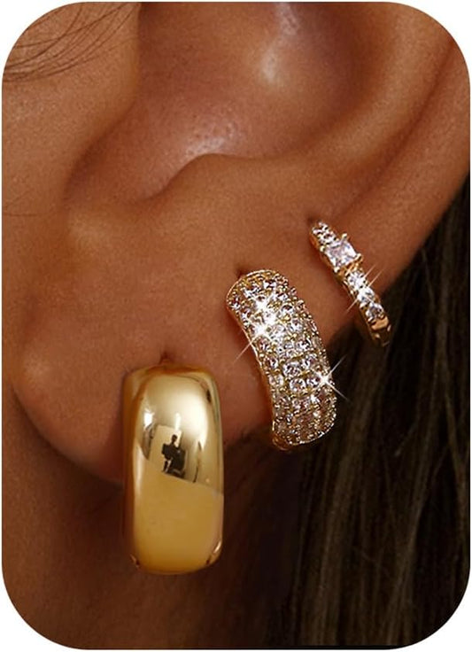 Chunky Gold Hoop Earrings for Women Non Tarnish 14K Gold Filled Huggie Hoop Earring Stacks for Multiple Piercing Lightweight 3Pairs