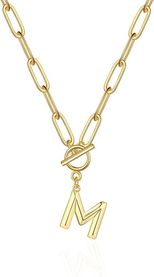 Women's Hip Hop Style A-Z Initial Necklace - OT Buckle Adjustable Thick Brass Chain, Personalized Alphabet Pendant