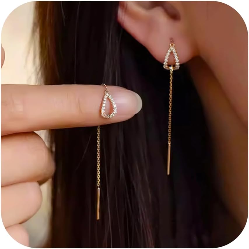 S925 Sterling Silver Threader Earrings for Women Dainty Long Chain Ear Line with Cubic Zirconia Elegant Dangle Tassel Earrings