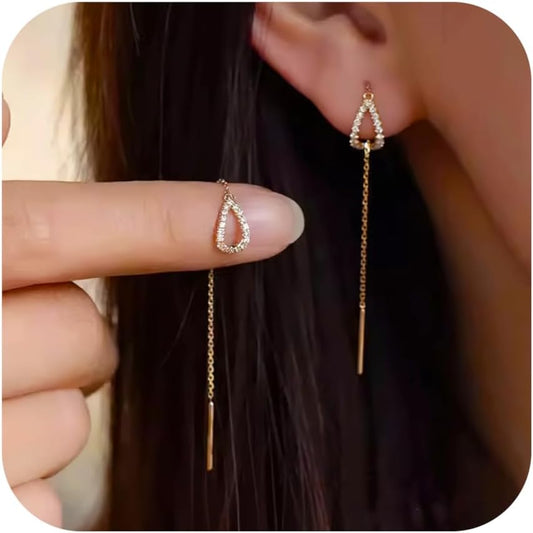 S925 Sterling Silver Threader Earrings for Women Dainty Long Chain Ear Line with Cubic Zirconia Elegant Dangle Tassel Earrings
