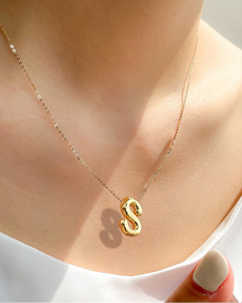 14K Gold Plated Initial Necklace for Women & Teens, Trendy Bubble Letter Pendant, Dainty Gold Jewelry Gift for Her, Birthday Present for Sister