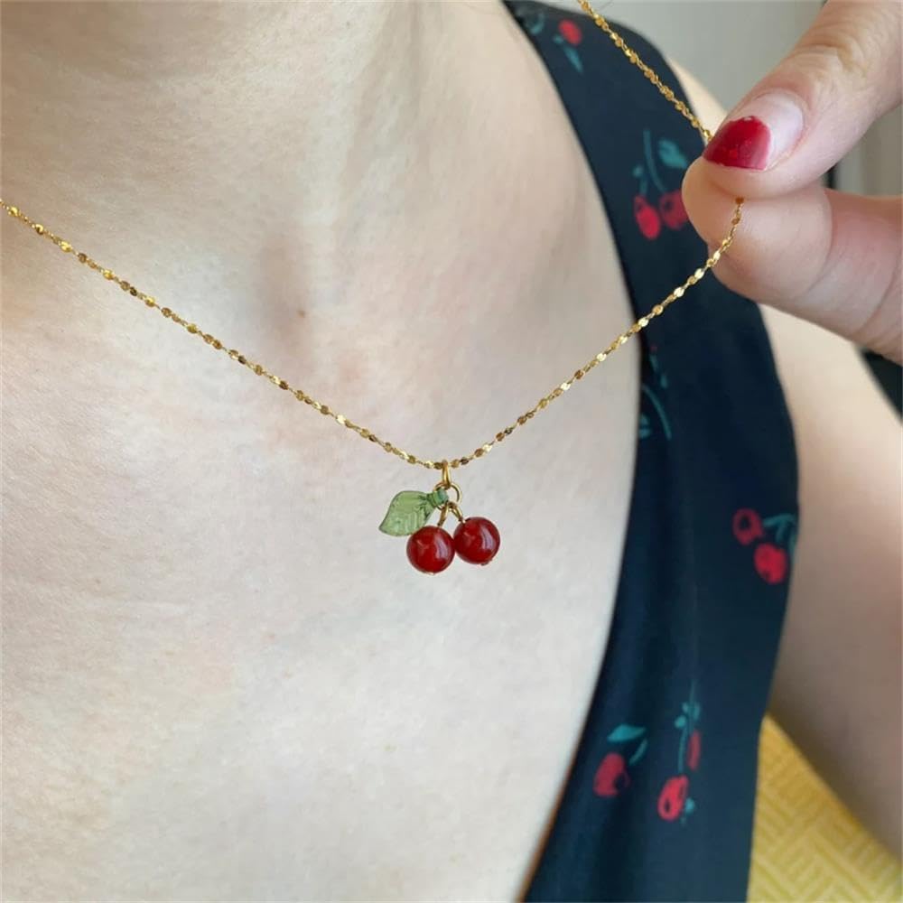 Cute Cherry Pendant Necklaces Faux Pearl Cherry Charms Necklace Kawaii Cherry Fruit Gold Chain Necklaces Fruits Cute Choker for Women Girls