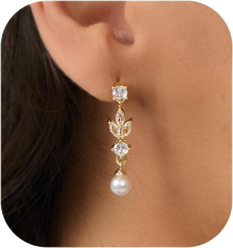 Pearl Earrings: 14k Gold-plated Cubic Zirconia Accented Pearl Drop Dangle Wedding Engagement Earrings For Women Bridal Bridesmaid