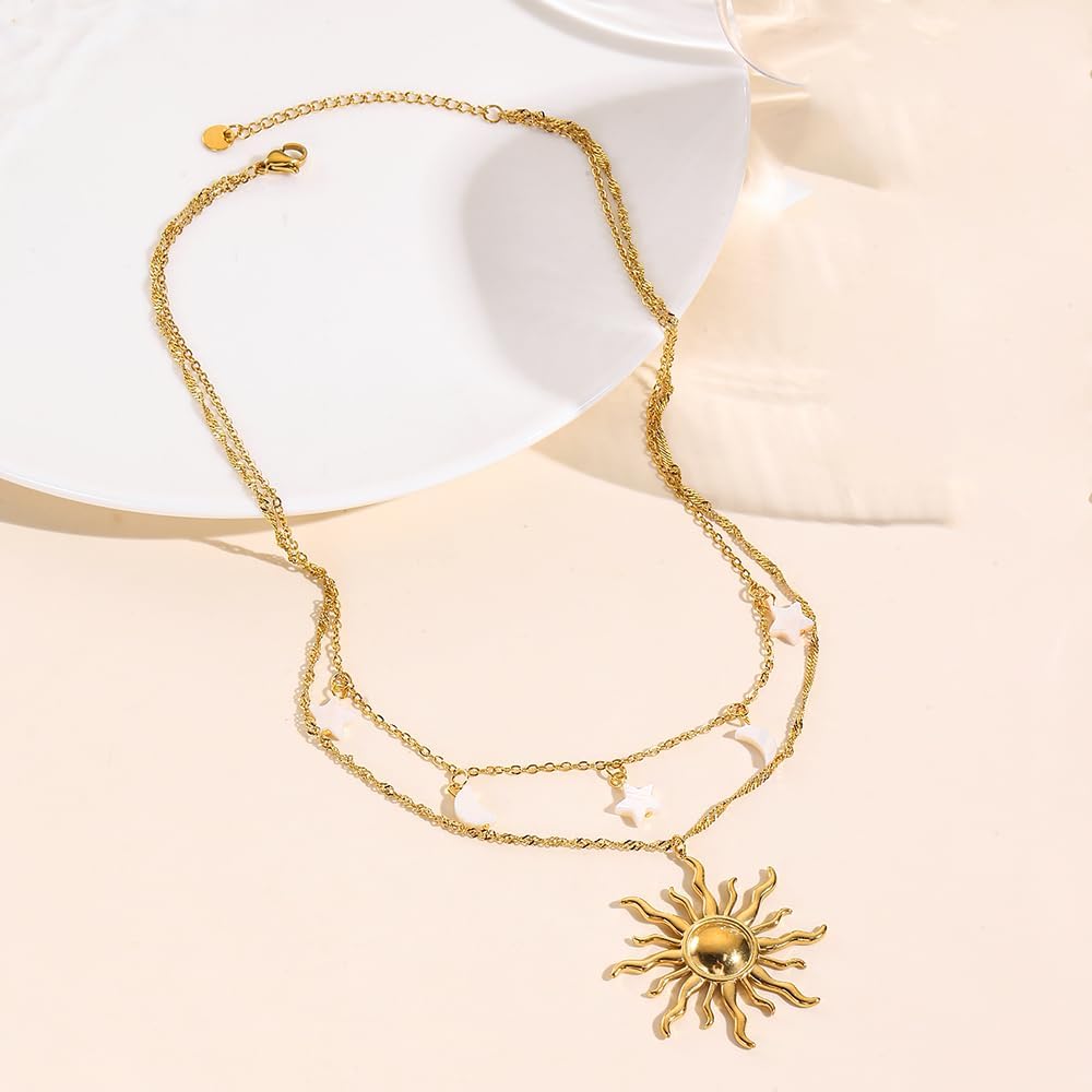 Gold Necklace for Women - Dainty 14K Gold Plated Layered Sun Pendant & Choker, Gift for Her