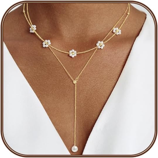 14K Gold-Plated Pearl Necklace Set: Dainty Layered Daisy Choker, Trendy Jewelry Gift for Women