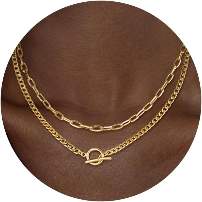 Gold Layered Necklaces for Women,14K Dainty Gold Chain Necklace Women Trendy Cuban Link Chain Toggle Clasp Necklace Fashion Chunky Jewelry for Women
