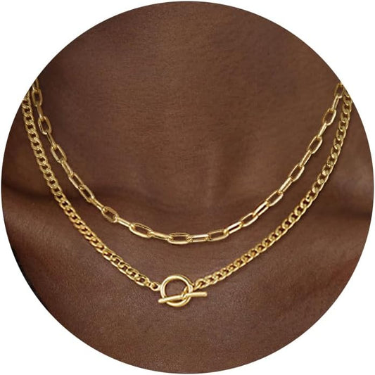 Gold Layered Necklaces for Women,14K Dainty Gold Chain Necklace Women Trendy Cuban Link Chain Toggle Clasp Necklace Fashion Chunky Jewelry for Women