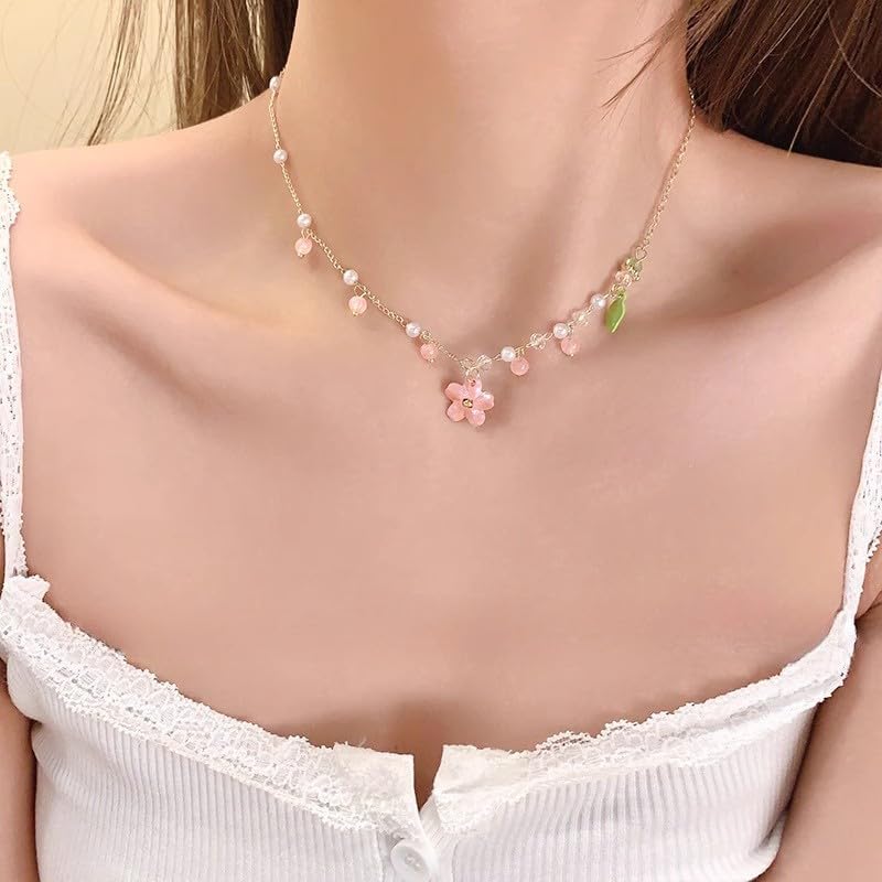 Lily of The Valley Pearl Necklace Cheery Blossm Daisy Green Paint and Lily Flower Pearl Pendant Floral Charm Pink Flower Wedding Jewelry for Women