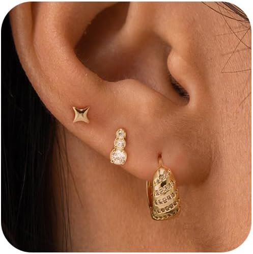 Gold Hoop Earrings Set for Women Trendy, 14K Gold Plated Chunky Hypoallergenic Small Diamond Cartilage Hoops Cute Cubic
