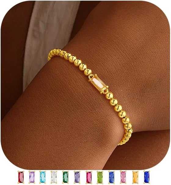 Dainty Birthstone Bracelet for Women - Elastic 14K Gold Plated Bead Bracelets Trendy Friendship Birthday Jewelry Gifts for Women