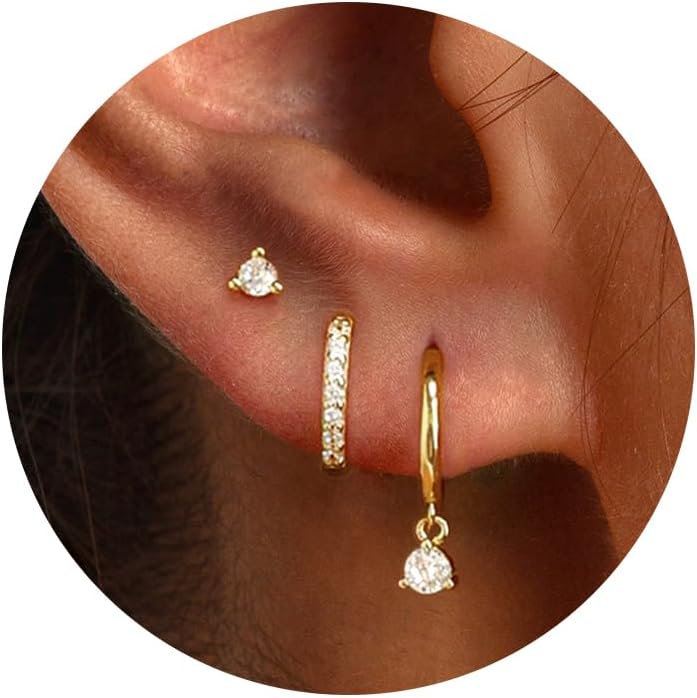 Freekiss 3 Pairs Gold Hoop Earrings Set: Dainty Stud Earrings Trendy Small 14K Gold Plated Hypoallergenic Dangle Cartilage