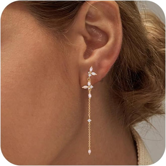 14K Gold Plated Butterfly Dangle Earrings for Women - Dainty, Trendy, CZ Drop Earrings - Simple Long Dangling Jewelry