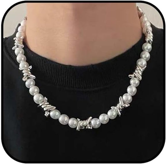 Adjustable Barbed Wire Necklace - Black Pearl Punk Gothic Chain for Men & Women