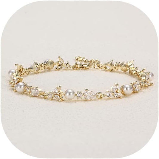Crysdue Wedding Bridal Link Bracelet for Brides Bridesmaids, Marquise Cubic Zirconia Tennis Bracelets for Women Prom Jewelry