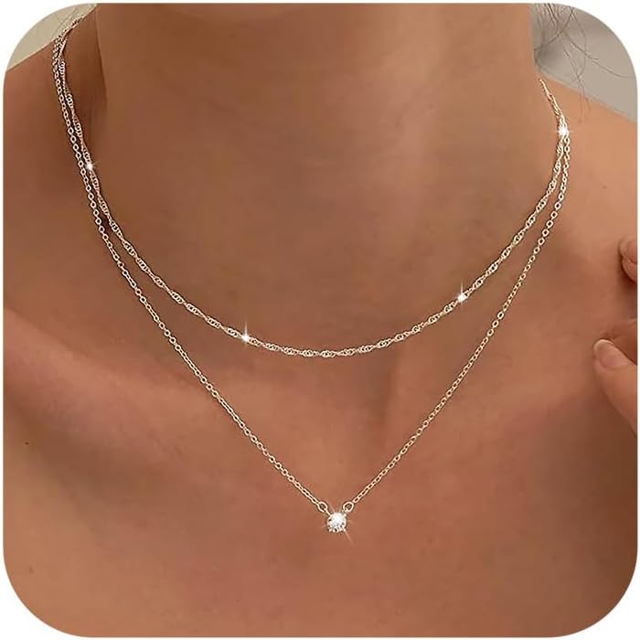 Diamond Necklaces for Women, Dainty S925 Sterling Silver/ 14K Gold Choker Necklace Simple Silver CZ Jewelry Necklaces for Women Trendy Gifts